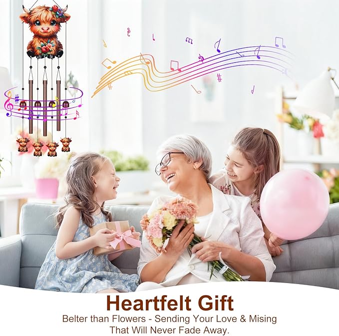 Metal Colorful Highland Cow Wind Chimes for Outside to Create a Zen Atmosphere Suitable for Outdoor Garden Patio Home Decor,Melodious Melodic Tones Suitable as A Birthday for Women Mom