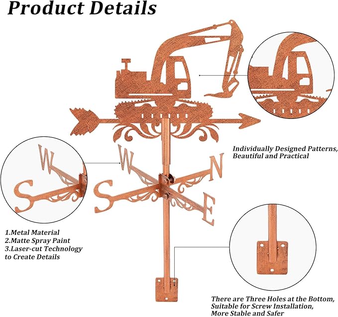 SUPERDANT Digger Weather Vane Engineering Vehicles Metal Weathervane Copper Windvanes Decorative Wind Direction Vanes Signs for Farmhouse Sheds Outdoor Garden Lawn Roof Paddock Decoration