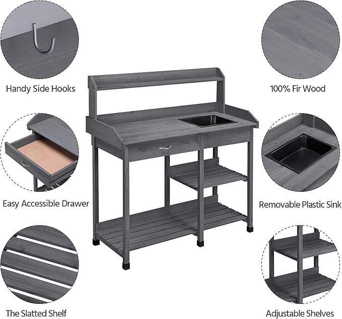 Topeakmart 45.2x17.7x47.6'' (LxWxH) Potting Benches Outdoor Garden Potting Table Work Bench with Removable Sink Drawer Rack Shelves Work Station, Gray