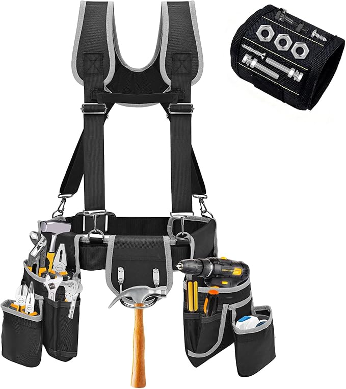 Tool belts for men - multi-functional detachable adjustable tool belt with shoulder strap magnetic wristband set, suitable for electricians and carpenters。 (black and gray)