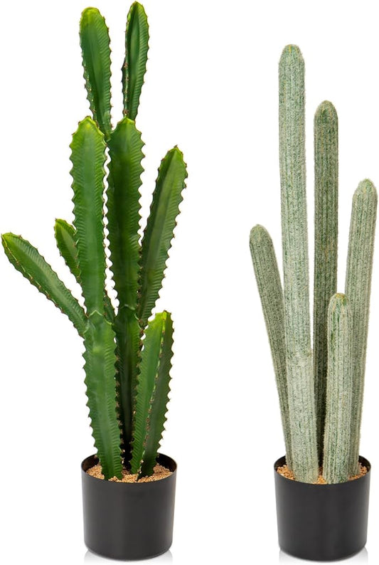 DILATATA 29.5”+32.5” Tall Fake Cactus Plant Potted Large Cactus 'Euphorbia Accruensis Cactus' Big Cacti Plants Artificial Cactus for Home Garden Office Decor Housewarming Gifts Faux Cacti-Set of 2