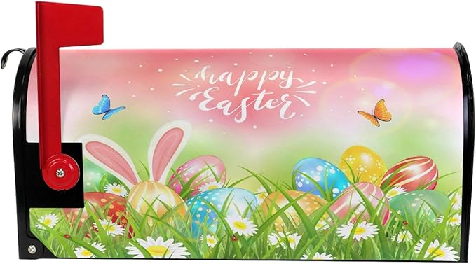 ALAZA Spring Flowers Butterfly with Rabbit Bunny Ears and Easter Eggs Magnetic Mailbox Cover MailWraps Garden Yard Home Decor for Outside Oversized-25.5" x20.8"