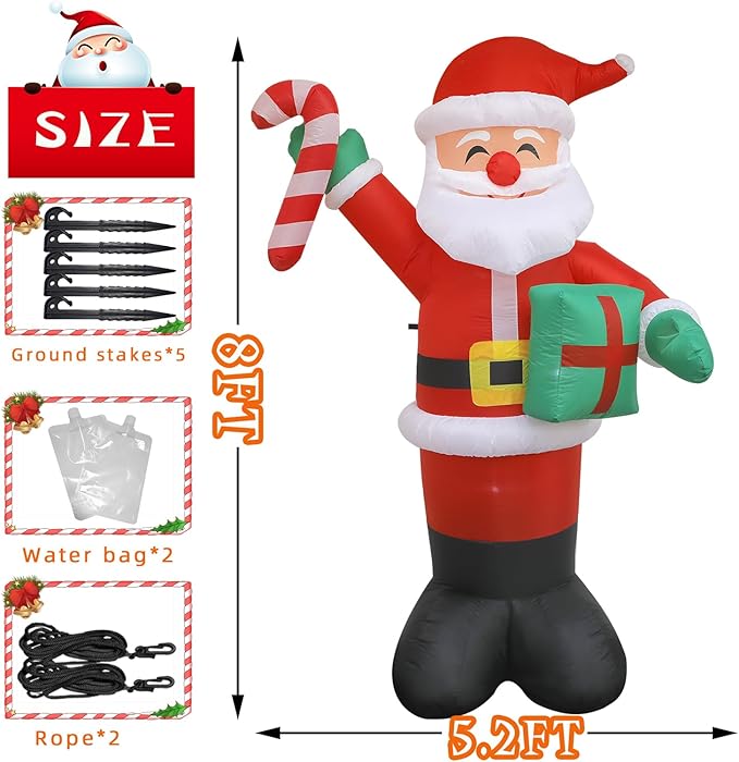 8 FT Christmas Inflatable Santa Claus with Candy and Gift Box Outdoor Decor, Christmas Blow Up Waterproof Xmas Decorations for Outdoor Indoor, Built-in LED Light for Yard Gardern Lawn