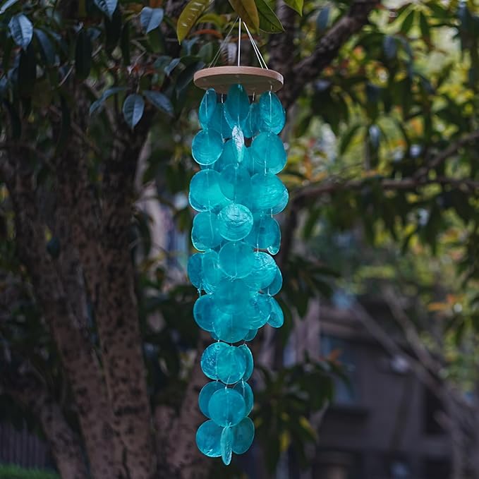Capiz Shell Wind Chime for Outside 28” Sea Glass Wind Chime Ocean/Beach Themed Chime Gift for Women Mother’s Day Decoration Atrovirens