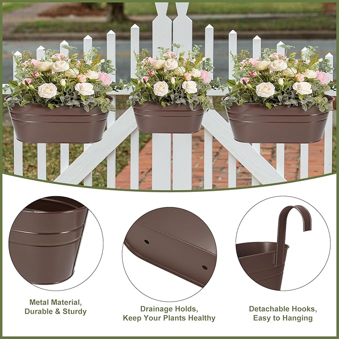 3 Different Size Metal Iron Hanging Flower Pots 10 Pcs for Outdoor Plants Metal Hanging Bucket Pots Iron Railing Fence Planter with Drainage Holes and Hooks for Porch Railing Balcony Fence (Bronze)