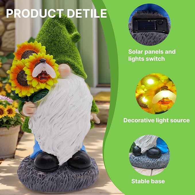 Garden Gnome Statues Decor with Solar Lights, Outdoor Decorations for Yard Porch Lawn Balcony Patio, Housewarming Gifts