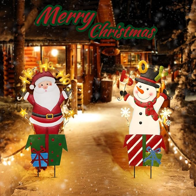 Christmas Outdoor Yard Signs Decorations, LED Solar Metal Garden Stake Lights with Joy for Patio Lawn Christmas Decor (Snowman&Santa Claus)