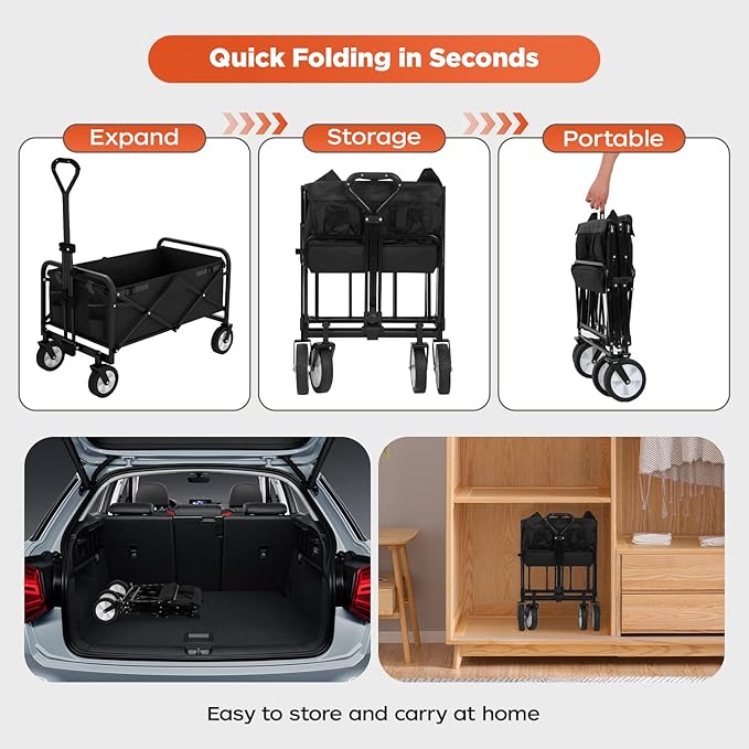 PayLessHere | Collapsible Wagon Cart with Wheels | Black | Heavy Duty Foldable Utility Cart with 330 lb Capacity | with All-Terrain Wheels & Adjustable Handle for Outdoor, Garden, Beach, Shopping