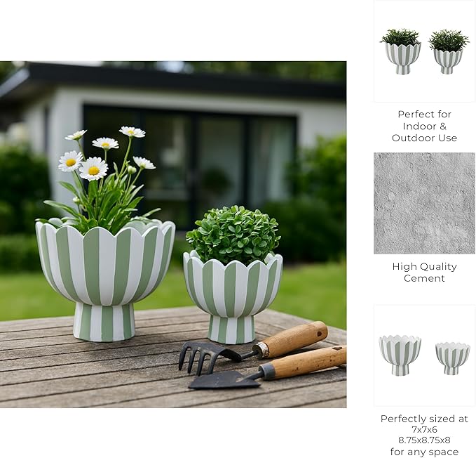 Striped Flower Pots and Planters for Home Decor – Modern Indoor or Outdoor Pots for Plants Perfect for Orchids, Herbs, or Ferns – Chic Pot for Indoor Plant Stand; Set of 2 – 8", 6" Green & White
