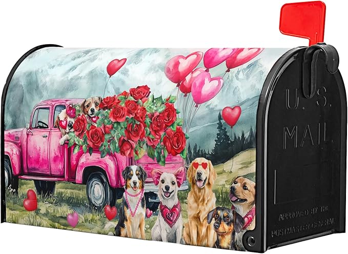 Happy Valentines Day Mailbox Cover Magnetic Valentine Truck Dog Flowers Mailbox Wrap Post Cover Large Size 25.5x21 Inch for Garden Yard Outdoor Outside Patio Wedding Holiday Decor