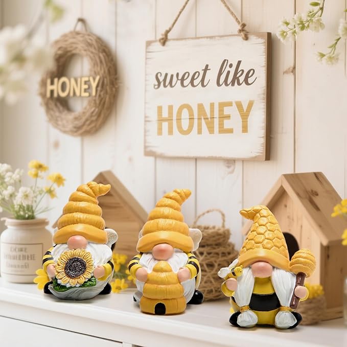 Hodao 3 PCS Bumble Bee Spring Gnome Figurines Decorations Honey Elf Ornaments World Bee Day Decor Gifts for Home, Porch, Yard, Flower Bed Outdoor Garden Decor Gifts for Women, Mom