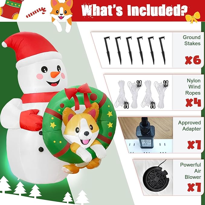 6FT Inflatable Outdoor Decorations, Christmas Blow Ups Snowman Decor with Corgi on The Wreath, Yard Decorations with LED for Outside Indoor Holiday Party Lawn