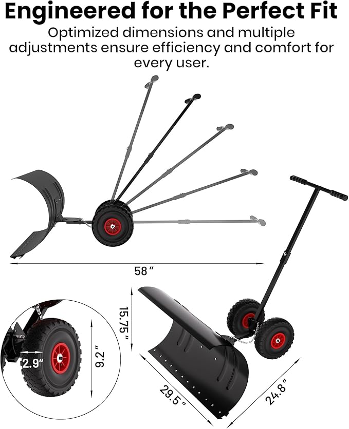 Snow Pusher with Wheels for Driveway, 29.5" Wide Heavy Duty Steel Blade, 5-Position Angle Adjustment & 60° Tilt Handle, Ergonomic Push Snow Shovel with Ground Protection for Effortless Snow Removal
