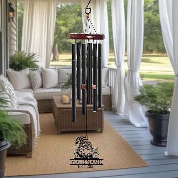 Personalized Customize Name Gnome Wind Chime, Metal Iron 37 Inch Outdoor Memorial Gift for Garden Yard Patio Home Decor, Black，Christmas (Style C)