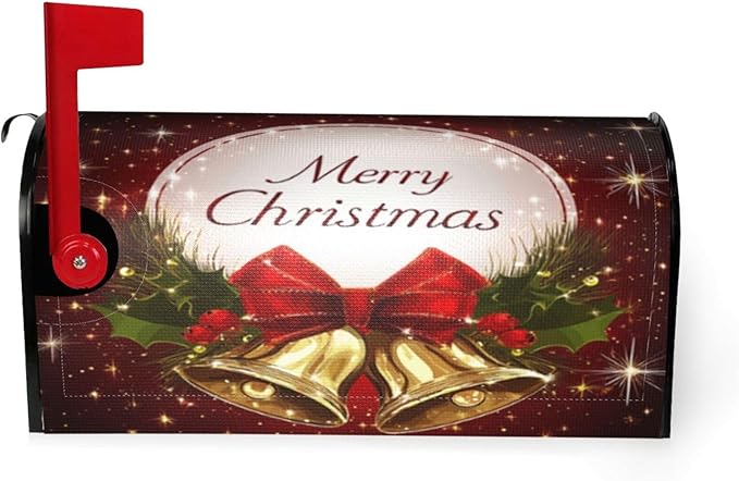 Festive Magnetic Mailbox Cover Christmas Bell Pattern Outdoor Mailbox Protector Holiday Seasonal Decorative Garden Yard Home Standard Size 21 x 18 Inch