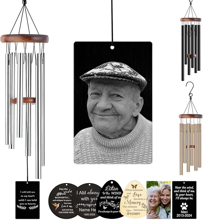 Personalized Memorial Wind Chimes for Loss of Loved One Custom Sympathy Wind Chime Deep Tone with Photo Text Engraved Outdoor Bereavement Condolence Remembrance Funeral Gifts Mom Dad Dog Pet