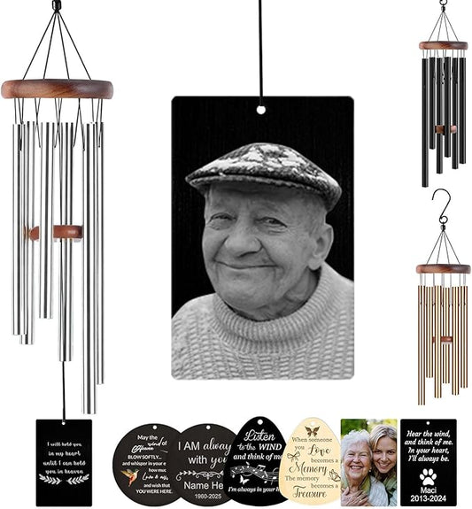 Personalized Memorial Wind Chimes for Loss of Loved One Custom Sympathy Wind Chime Deep Tone with Photo Text Engraved Outdoor Bereavement Condolence Remembrance Funeral Gifts Mom Dad Dog Pet