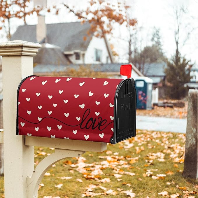 Valentines Day Mailbox Cover Magnetic Red Love Hearts Romantic Mailbox Wrap Post Cover Standard Size 25.5x21 Inch for Garden Yard Outdoor Outside Patio Wedding Anniversary Holiday Decor