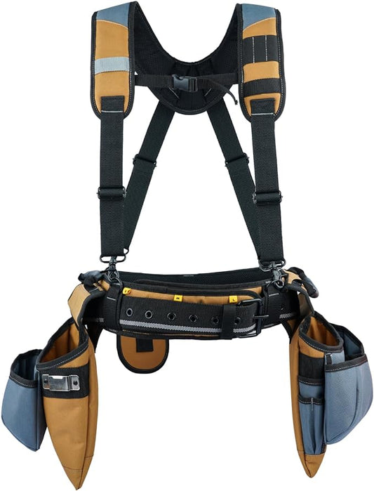 KUNN Carpenter Tool Belt with Suspenders Pro Framer Suspension Tool Rig for Construction Contractors and Electrician,Khaki
