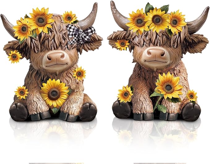 Wesiti 2 Pcs Sunflower Highland Cow Figurines Christmas Highland Cow Gift Gnomes Scottish Resin Statue Calf Lovers Gifts for Xmas Home Garden Kitchen Office Tiered Tray Table Decor(Sunflower)