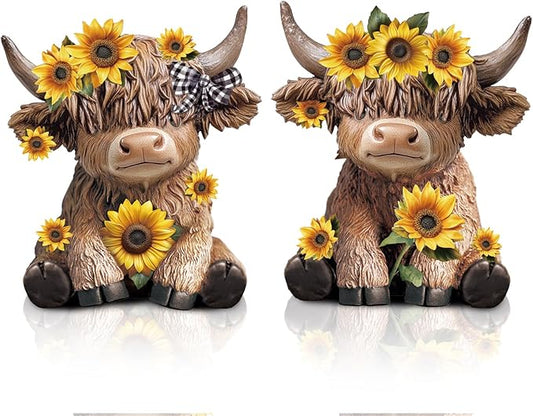 Wesiti 2 Pcs Sunflower Highland Cow Figurines Christmas Highland Cow Gift Gnomes Scottish Resin Statue Calf Lovers Gifts for Xmas Home Garden Kitchen Office Tiered Tray Table Decor(Sunflower)