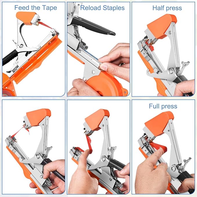 FUNTECK Garden Plant Tying Machine Branch Tape Tool for Vine, Tomato, Cucumber, Grape & Floral Support | Heavy-Duty Handheld Plant Binder with Durable Tape & Ergonomic Grip, Orange