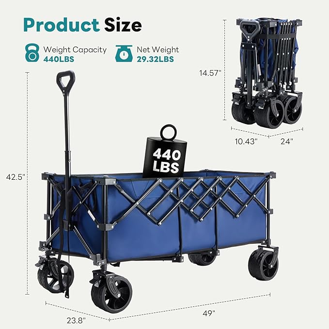 NEWBULIG Collapsible Wagon Cart - 440lbs Foldable Extra Long Heavy Duty Utility Wagon with Wheels, Portable Storage Grocery Cart for Camping, Shopping, Sports, Beach, Garden