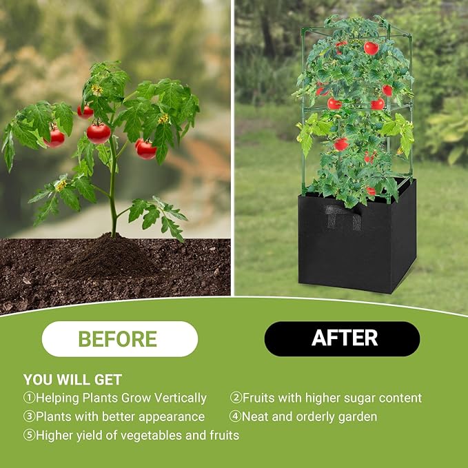 3 Pack Tomato Cages with 17 Gallon Grow Bags, 47” Heavy Duty Square Tomato Plant Stakes Support Cages Trellis for Garden Climbing Vegetables Flowers Fruits (47IN Tall, Extra-Bold)