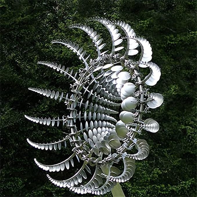 Magical Metal Windmill, Stainless Steel Windmill,Kinetic Metal Wind Spinners Garden Stake, 3D Wind Sculptures Move with The Wind Lawn Solar Wind Catcher Outdoor Patio Garden Decoration (SILVER-1PCS)