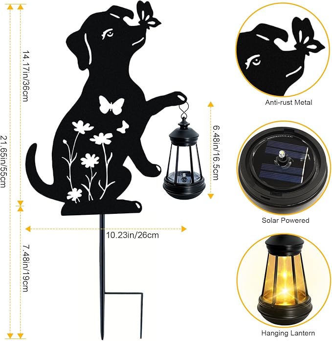 Dog Outdoor Solar Lantern Waterproof, Birthday Gifts for Christmas Women Mom, Solar Hanging Lights Dog Metal Figurine Garden Decor Patio Yard Pathway Backyard Ornaments