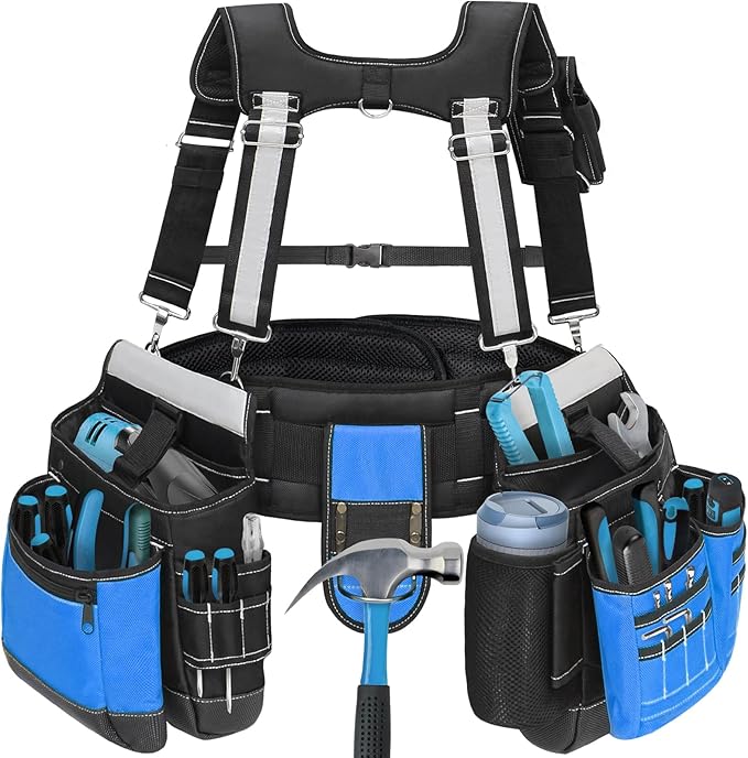 Tool Belt with Suspenders for Men, Heavy Duty Construction Tool Belt with 32 Pockets, 1680D Material, Reflective Strips for Safety, HVAC Toolbelt for Men