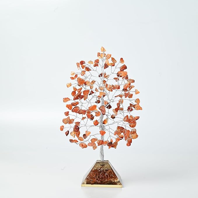 Carnelian Crystal Tree with Orgone Pyramid Base Orange Desk Decor Healing Crystals Bonsai Tree Orange Gifts for Women Office & Shelf Home Room Decor For Mom Sister Girlfriend Present Housewarming