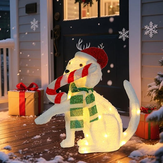 Christmas Lighted Dog Decoration 3D Glittered Fluffy Puppy with Candy Cane Battery Operated Lighted Up Ornament Outdoor Indoor Christmas Decoration for Home Lawn Yard Garden Display