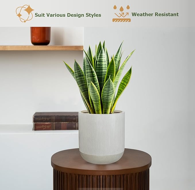 14.2" H x 13" D Ribbed Radius Fiberstone Round Planter - Christmas Tree Planter, Weather Resistant for Indoor and Outdoor Use, Included 2 Extra Coco Mats (Frost Grey, 11.5" Pot Opening)