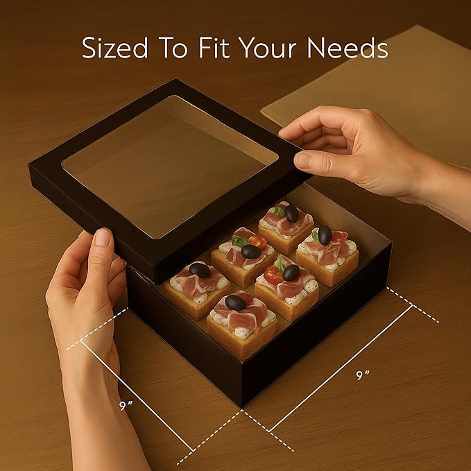 Restaurantware Cater Tek 9 x 9 x 2.4 Inch Baked Goods Boxes 10 Greaseproof Pastry Boxes - Window Lids Insert Tab Lock Black Paper Catering Boxes Easy Assembly For Charcuterie Or Cupcakes