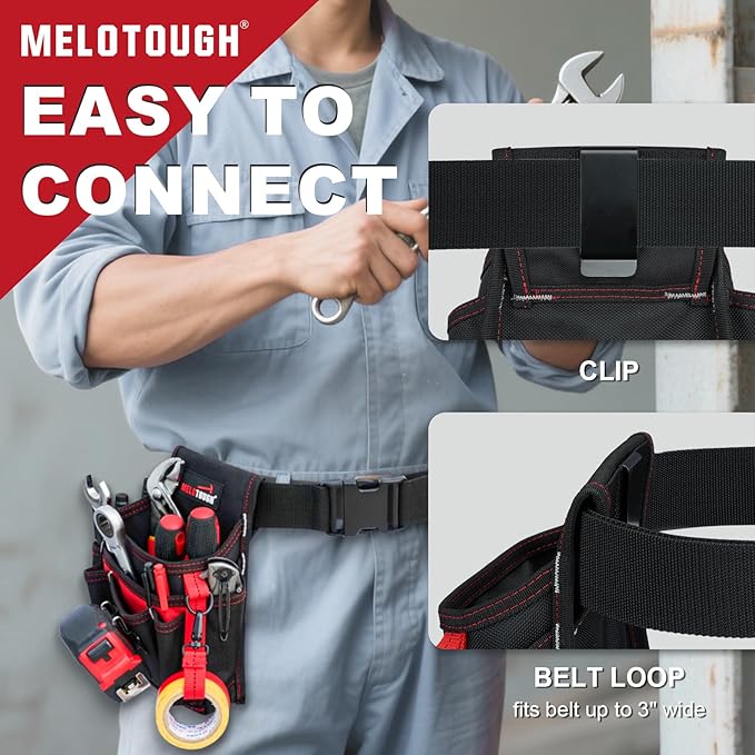 MELOTOUGH Electrician Tool Pouch with Belt Clip, 2 Inch Heavy Duty Work Belt Set for Men, Utility 13 Pockets Tool Pouch for Contractors & Roofing, Adjustable Carpenter Organizer Set