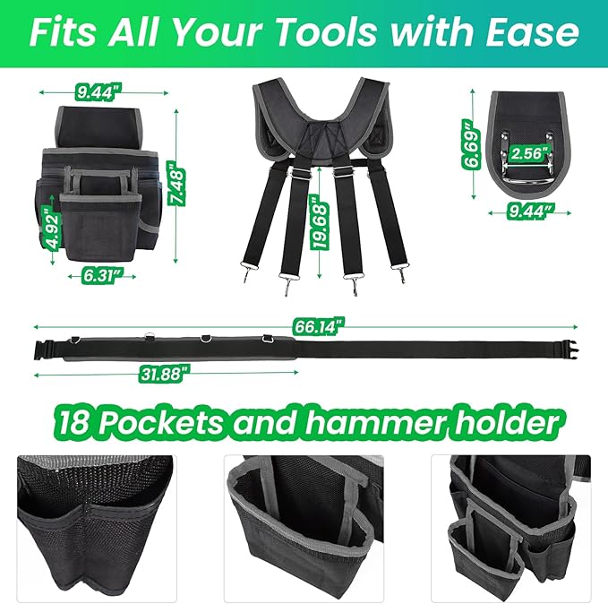 Tool Belt With Suspenders, Heavy Duty Magnetic Tool Belts for Men with 18 Pockets, Tool Belt with Adjustable 32 to 66 Inches Detachable Waist for Electricians, Carpenters, Framers, Black-Grey