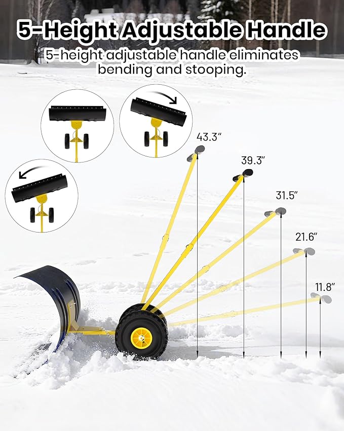 Snow Pusher with Wheels for Driveway, 36" Wide Heavy Duty Steel Blade, 5-Position Angle Adjustment & 60° Tilt Handle, Ergonomic Push Snow Shovel with Ground Protection for Effortless Snow Removal