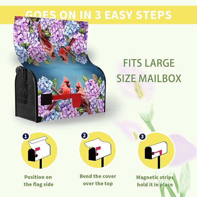 Spring Mailbox Covers Magnetic Oversized Cardinal Hydrangea Mailbox Post Cover Summer Flowers Bird Mailbox Wrap Colorful Floral Mailboxs Waterproof for Garden Yard Large Size 25.5x21 Inch