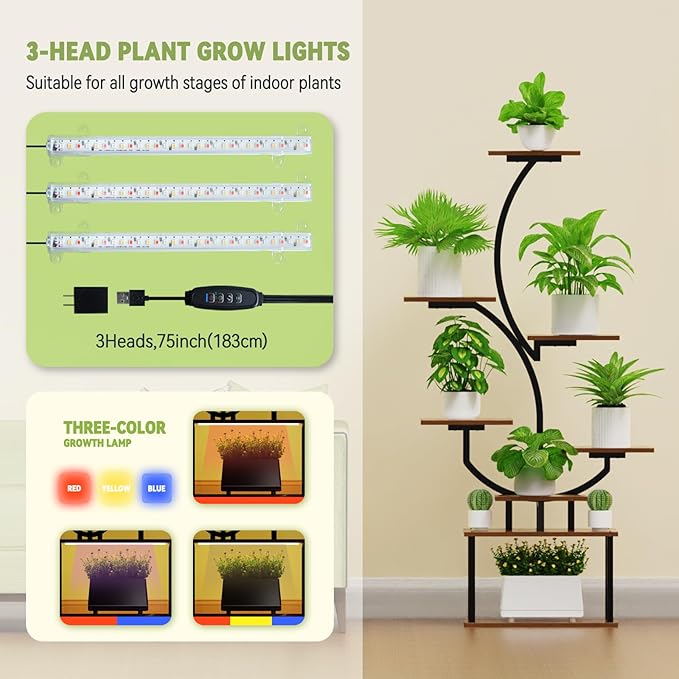 Plant Stand Indoor with Grow Lights, 8-Tiered Plant Rack with 3 head lamps, 60.83" Tall Plant Stands for home décor, Corner Flower Shelves for Patio, Balcony, Living Room