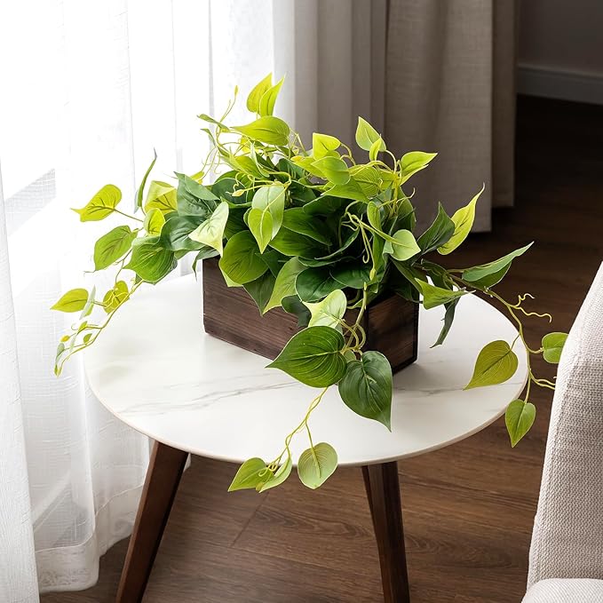 MyGift Vibrant Lifelike Artificial Plant Pothos Leafy Vine Greenery in Burnt Brown Solid Wood Rectangular Planter Box