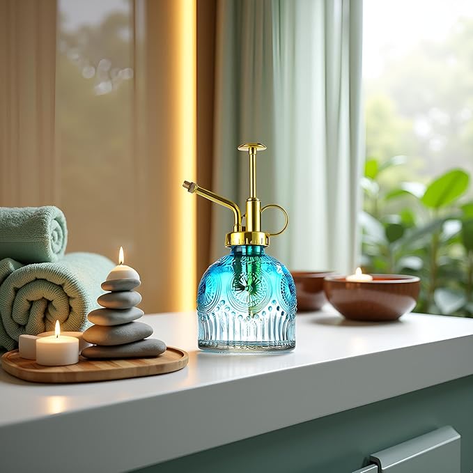 Glass Plant Mister Spray Bottle, Vintage Plant Spritzer, Succulent Watering Bottle Glass with Top Pump, Small Plants Sprayer Watering Can for Indoor Outdoor House(Blue and White)