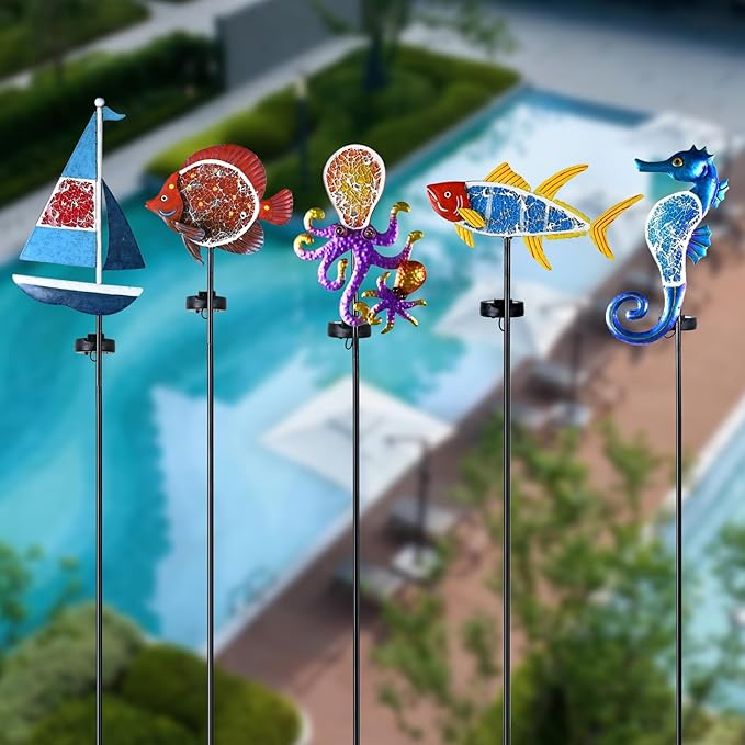 Yiosax-Solar Outdoor Lights Decorative-Yard Outdoor Decorative - Garden Stakes Fish Decorative Waterproof 7 LED Light Decor Ocean Beach Theme for Lawn Path Yard Decoration Gift Idea