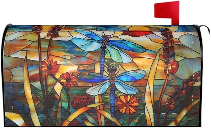 Stained Glass Dragonfly Mailbox Covers Magnetic Fall Mail Box Post Wrap Standard Size 18 X 21 Floral Spring Summer Mailing Boxes Seasonal Decorations for Autumn Thanksgiving Decor
