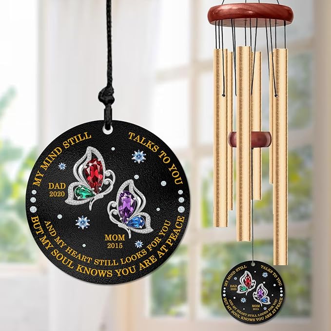 Personalized Butterfly Memorial Wind Chime – “My Mind Still Talks to You” Custom Engraved Names & Years – Sympathy Gift for Loss of Parents or Loved Ones – Outdoor Memorial Windchime Keepsake