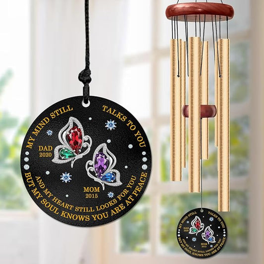 Personalized Butterfly Memorial Wind Chime – “My Mind Still Talks to You” Custom Engraved Names & Years – Sympathy Gift for Loss of Parents or Loved Ones – Outdoor Memorial Windchime Keepsake