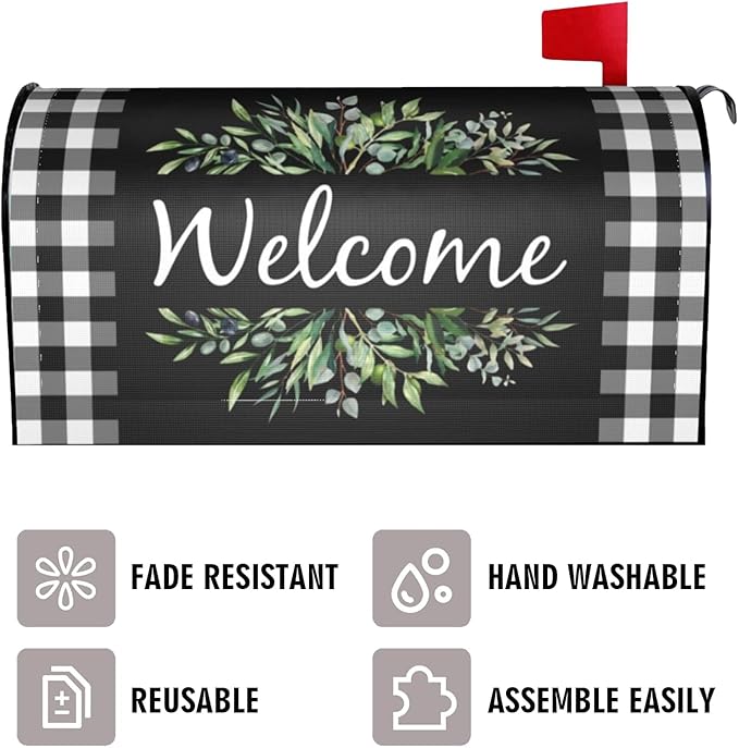 Wreath Buffalo Plaid Mailbox Covers, Welcome Magnetic Mailbox Cover, Plaid and Leaves Mail Box Covers for Garden Outdoor Decor 21 x 18 Inchs Black White