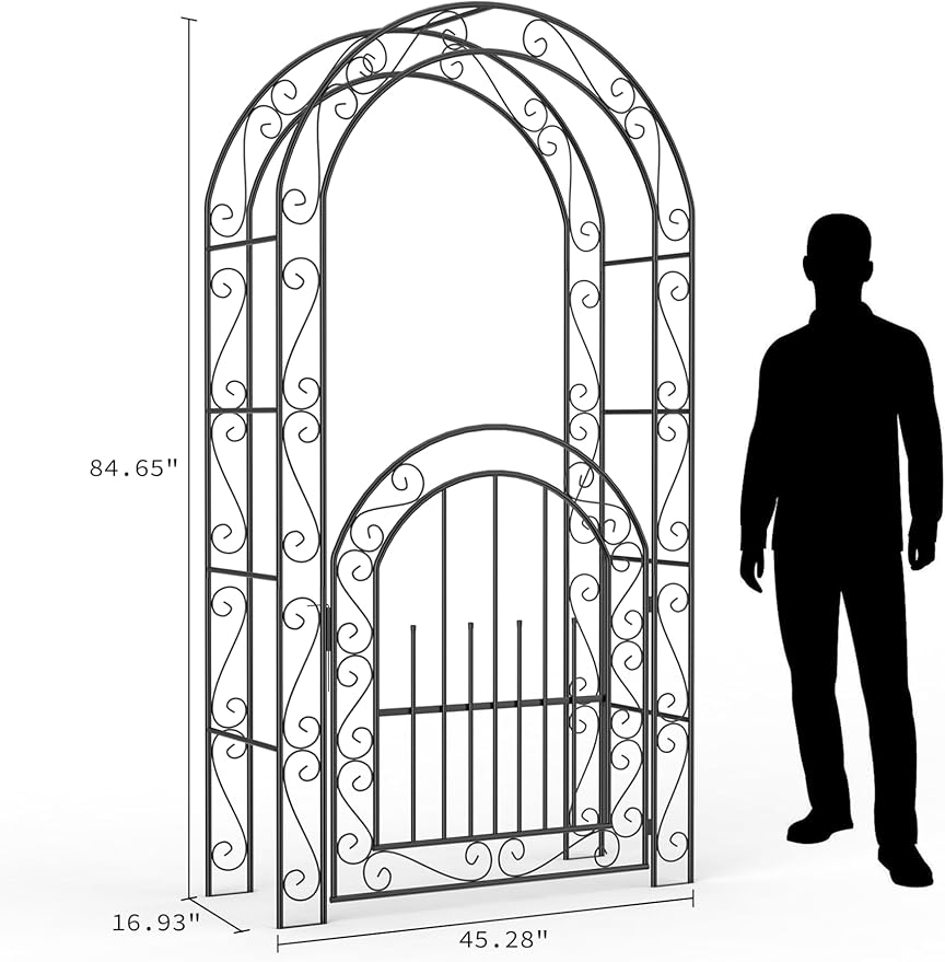 7 FT Elegant Garden Arch with Gate - Romantic Steel Wedding Arbor for Climbing Roses & Vines, Decorative Metal Archway for Lawn, Patio or Backyard, Classic Black