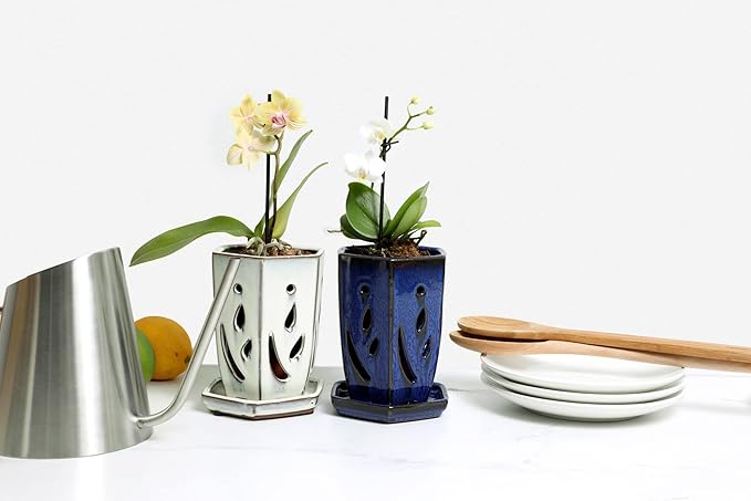 rePotme 4 x 6 inch Ceramic Orchid Pot (White Diamond) - Hexagon Orchid Pot with Holes
