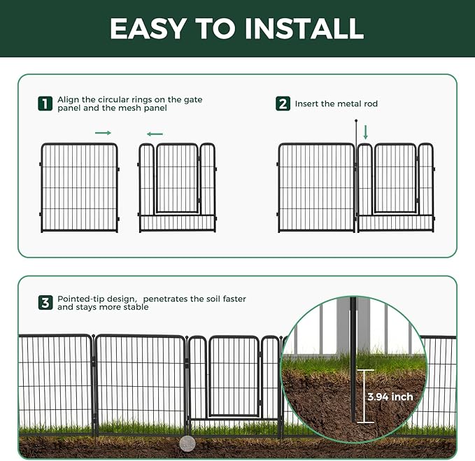 FXW Garden Fence Outdoor for The Yard – 32in(H) x 18.2ft(L) Heavy Duty Metal Animal Barrier for Dog and Rabbit, Decorative Dog Fence, 8 Panels, Black
